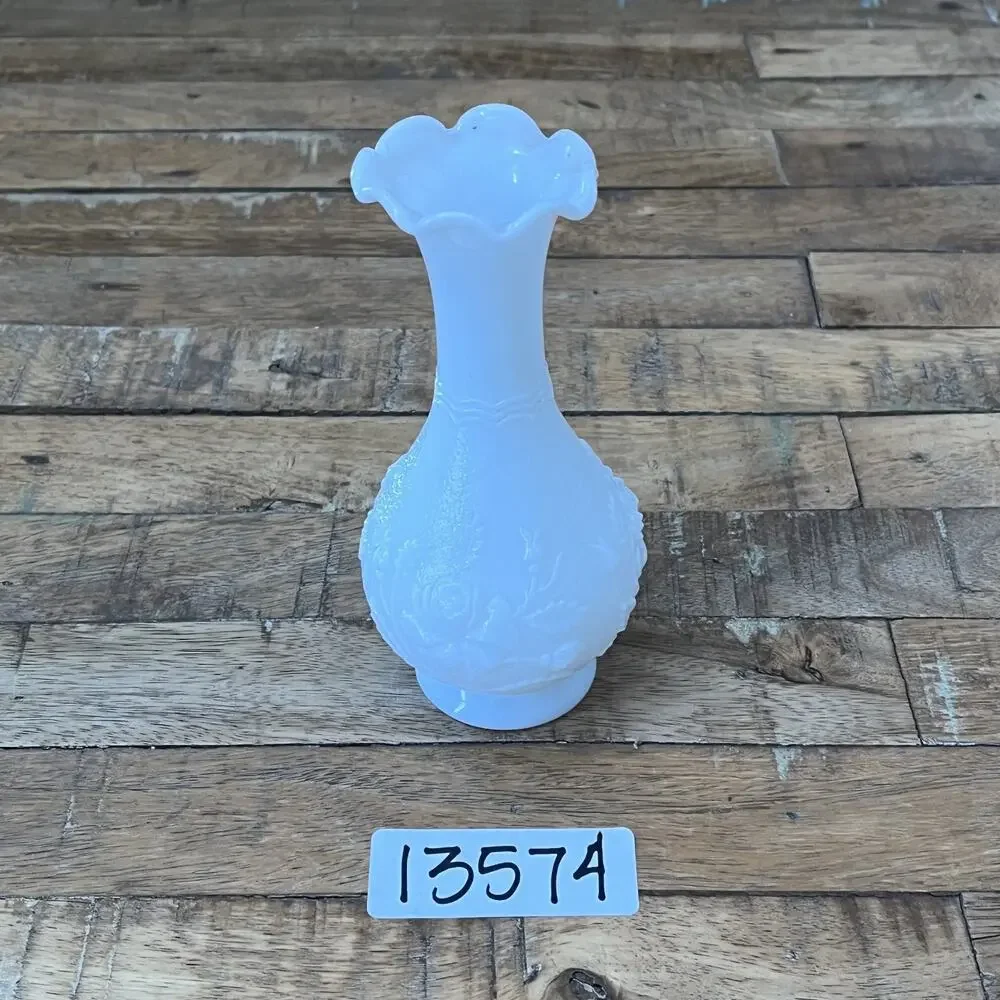 Imperial Milk Glass Bud Vase Embossed Roses Ruffled Scalloped Rim